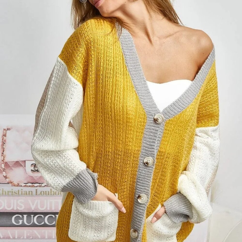 BiBi Color Block Sweater Cardigan with Button Closure‎ - Picture 3 of 3